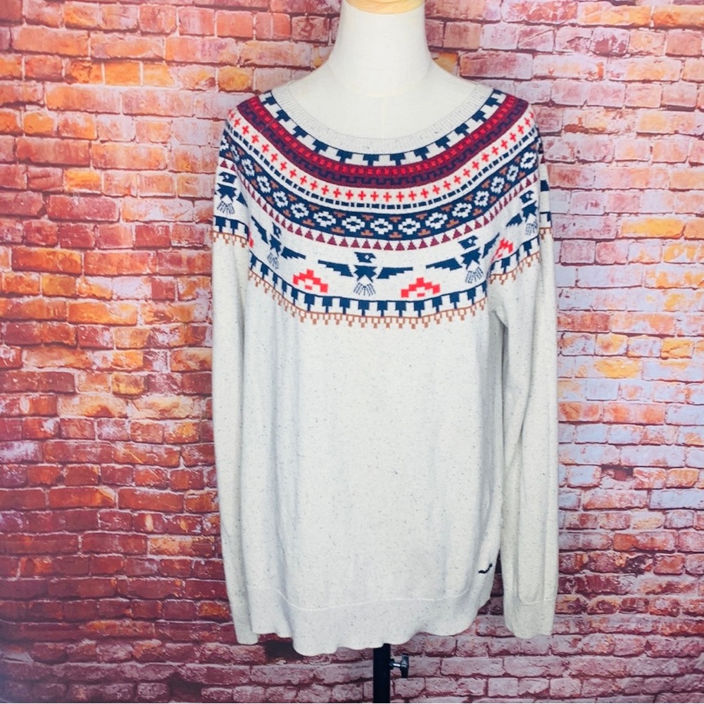 On the Byas Scoop Neck Oatmeal Southwestern Thunderbird Fair Isle Sweater - Picture 2 of 10